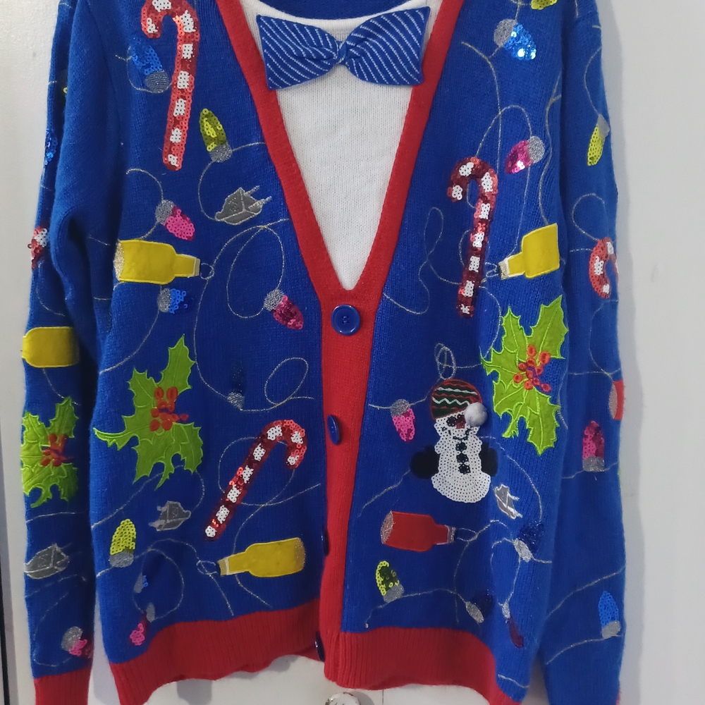 Festive Blue Holiday Sweater with Red Accents